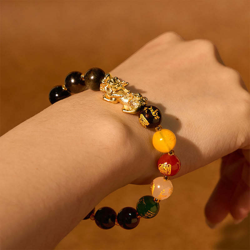 Natural Gold Sheen Obsidian PiXiu Five Directions Gods of Wealth Protection Bracelet