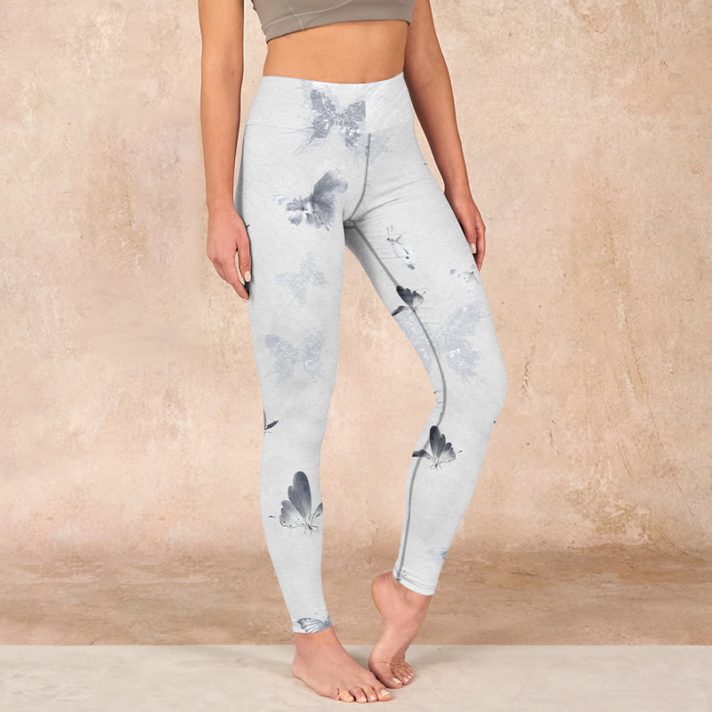 White Gray Butterfly Print Sports Leggings Women's Yoga Pants