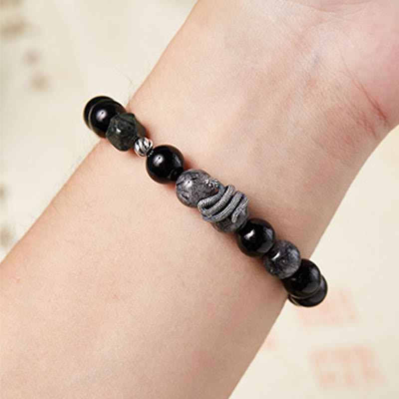 Black Obsidian Black Rutilated Quartz 925 Sterling Silver Year Of The Snake Purification Bracelet