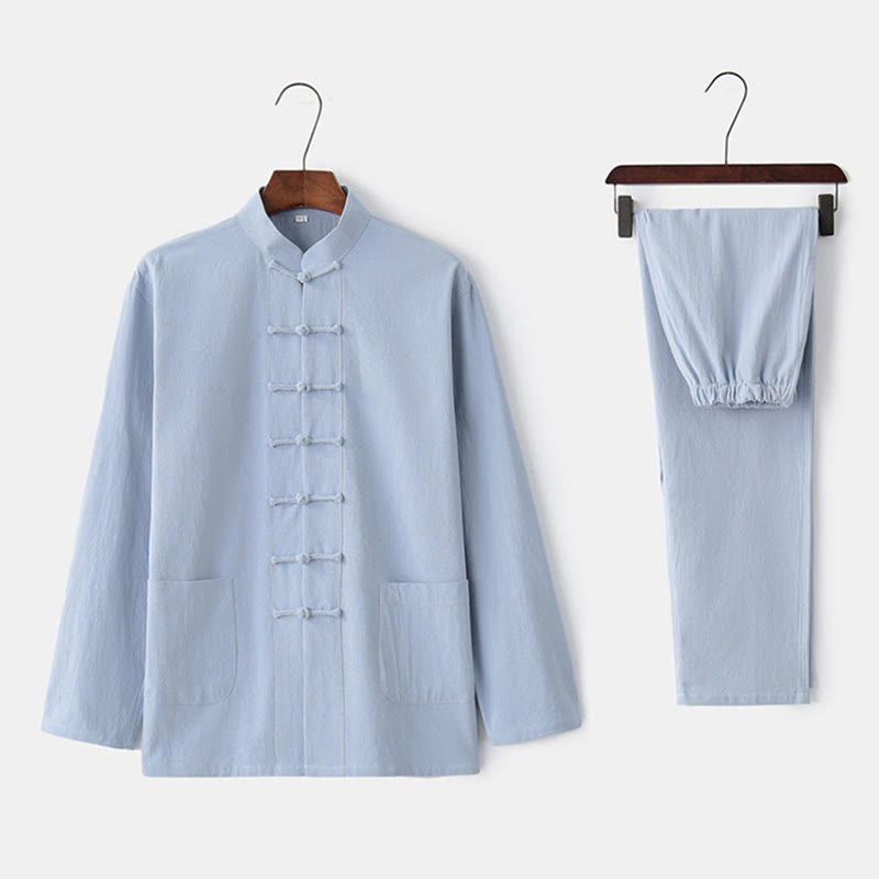 Frog-Button Tang Long Sleeve Shirt Pants Men's Suit