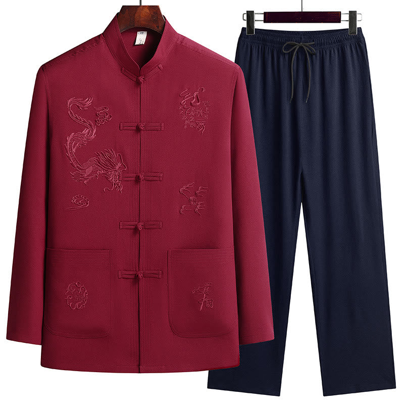 Chinese New Year Embroidered Dragon Frog-button Tang Suit Hanfu Long Sleeve Top Pants Clothing Men's Set