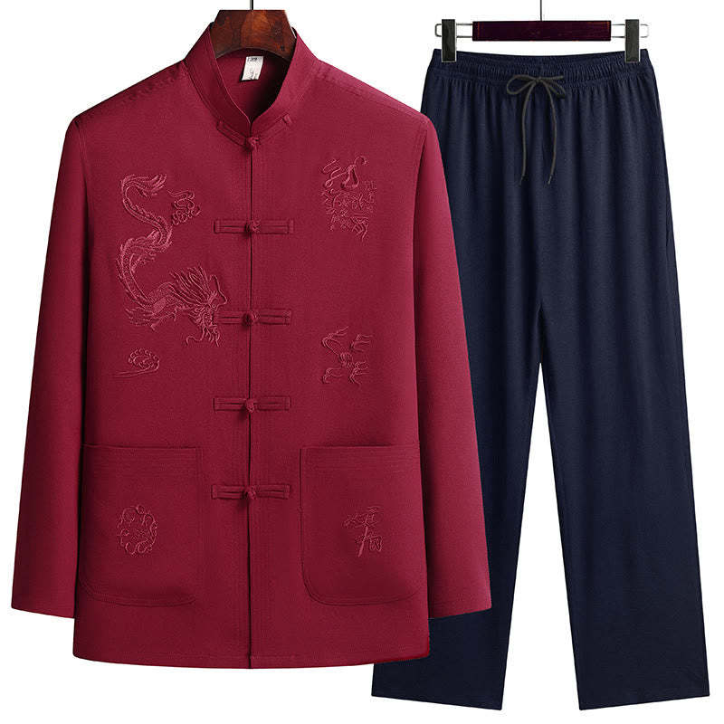 Chinese New Year Embroidered Dragon Frog-button Tang Suit Hanfu Long Sleeve Top Pants Clothing Men's Set