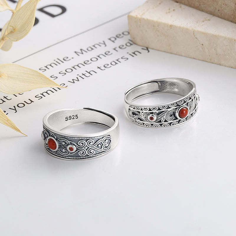 925 Sterling Silver Embedded Red Agate Auspicious Clouds Logical Thinking Ring