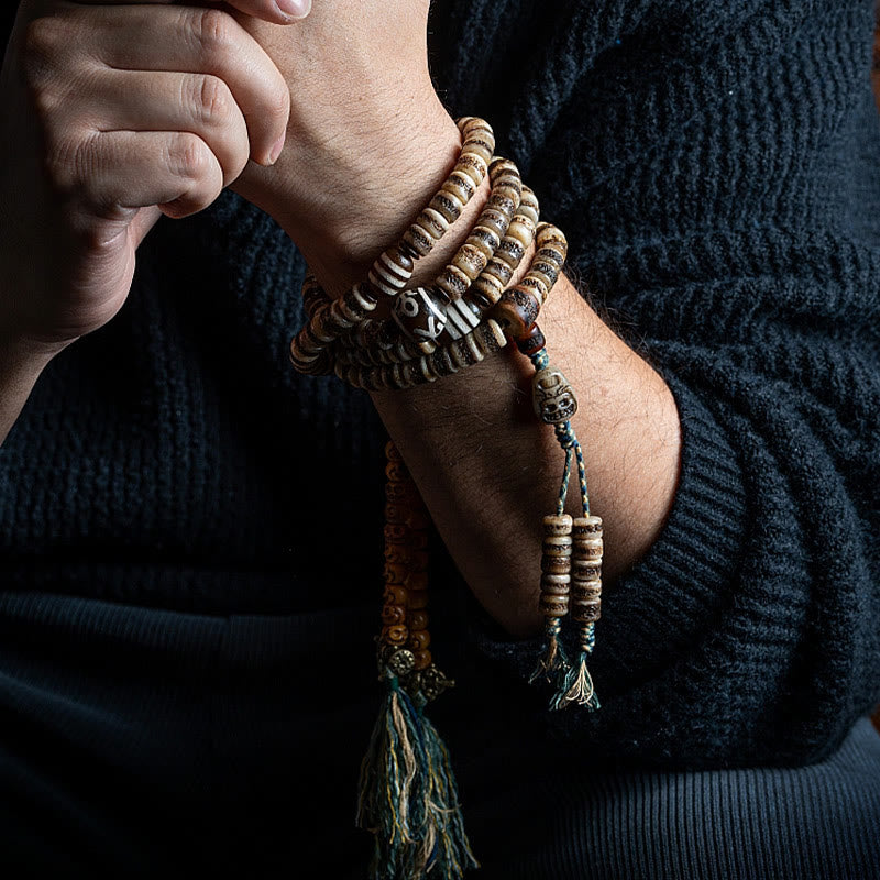 Tibetan 108 Mala Beads Yak Bone Dzi Bead The Lord of the Corpse Forest Strength Bracelet