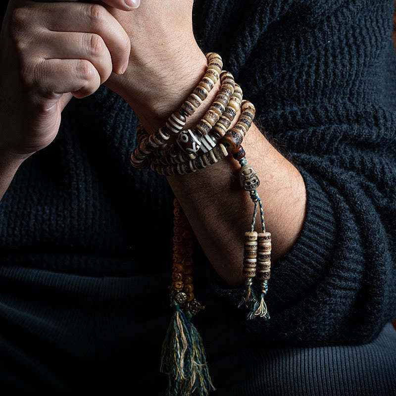 Tibetan 108 Mala Beads Yak Bone Dzi Bead The Lord of the Corpse Forest Strength Bracelet