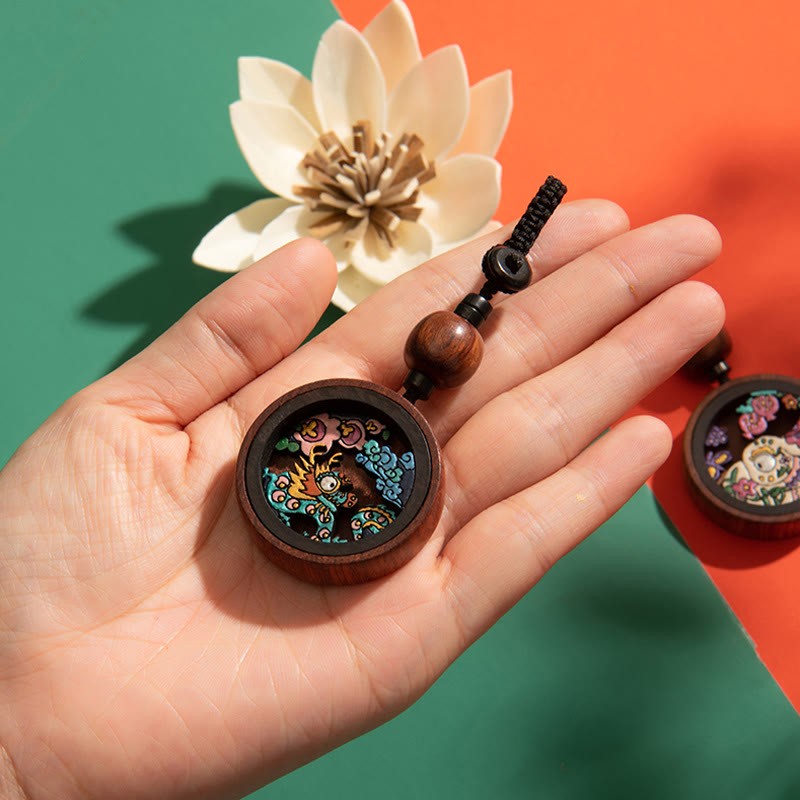 Year Of The Dragon Hand Painted Chinese Zodiac Rosewood Carved Calm Key Chain