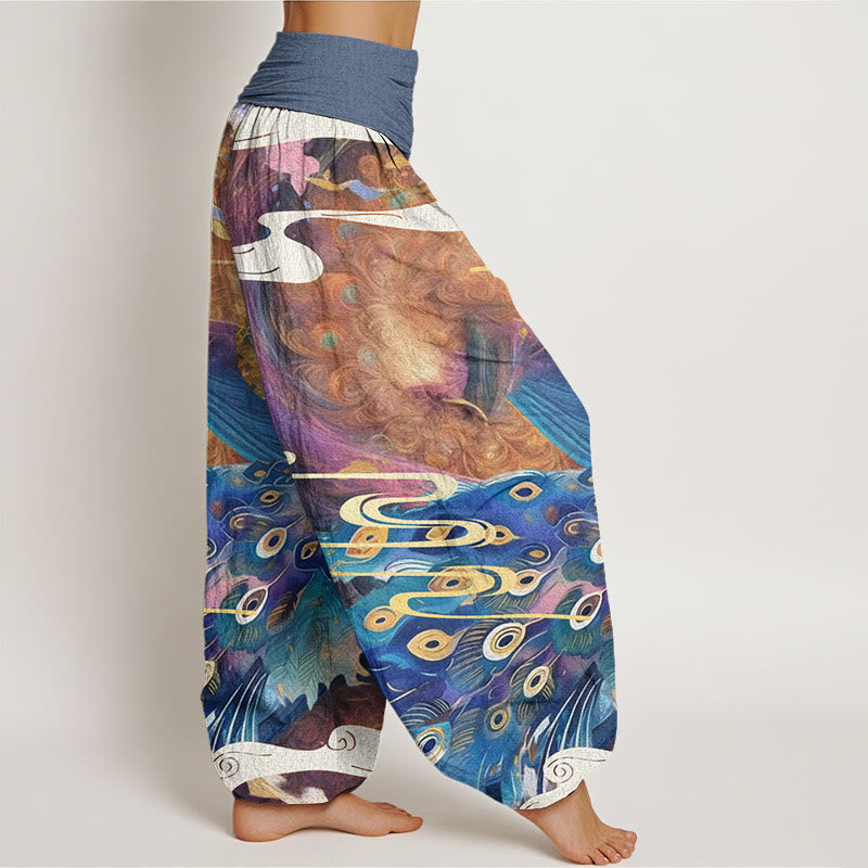 Vibrant Peacock Auspicious Clouds Pattern Women's Elastic Waist Harem Pants