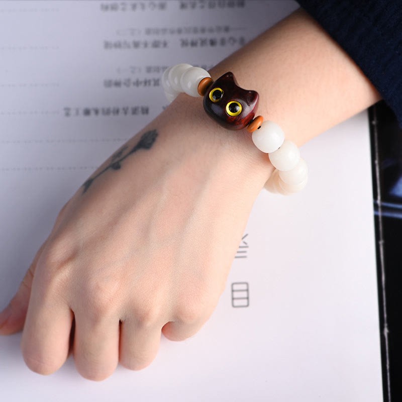 Natural Bodhi Seed Small Leaf Red Sandalwood Ebony Wood Cute Lucky Cat Wisdom Bracelet