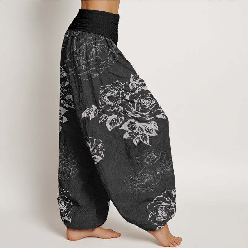 Casual Rose Peony Flowers Women's Elastic Waist Harem Pants
