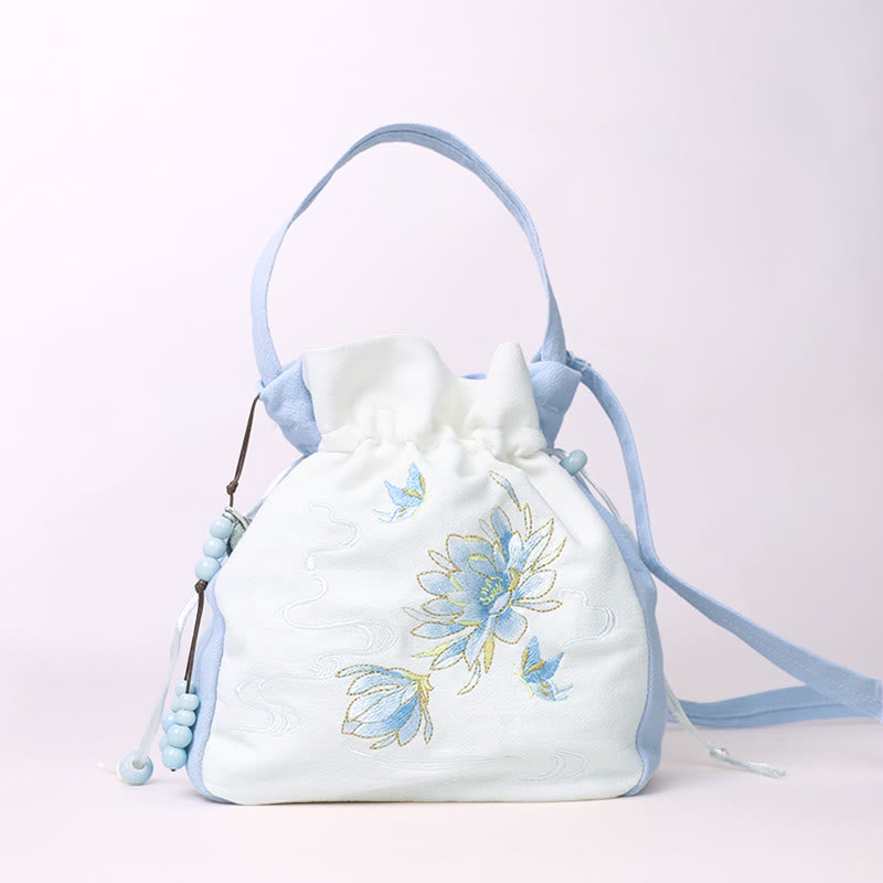 Embroidered Butterfly Lotus Magnolia Cotton Linen Tote Crossbody Bag Shoulder Bag Handbag