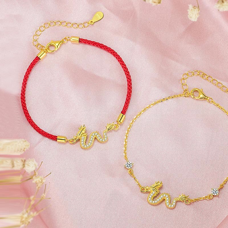 925 Sterling Silver Year Of The Dragon Auspicious Golden Dragon Luck Red Rope Chain Bracelet (Extra 30% Off | USE CODE: FS30)