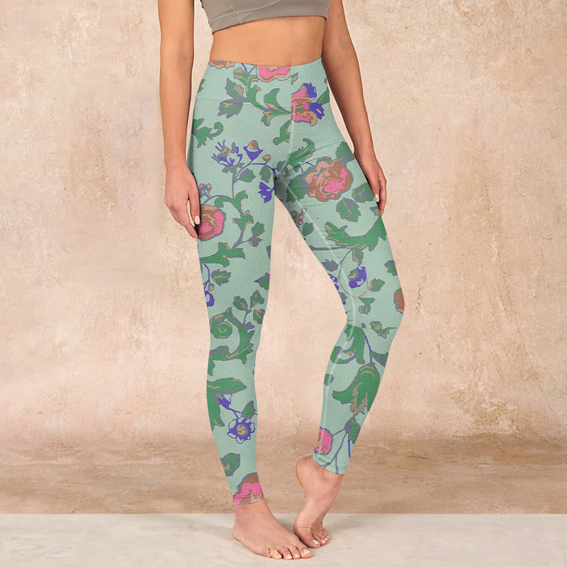 Green Red Roses Green Leaves Print Gym Leggings Women's Yoga Pants