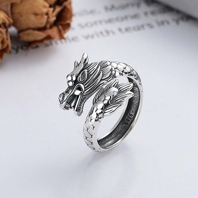 925 Sterling Silver Year Of The Dragon Luck Strength Adjustable Metal Ring