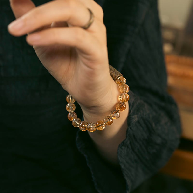 Natural Citrine Crystal Brass Bead Protection Bracelet