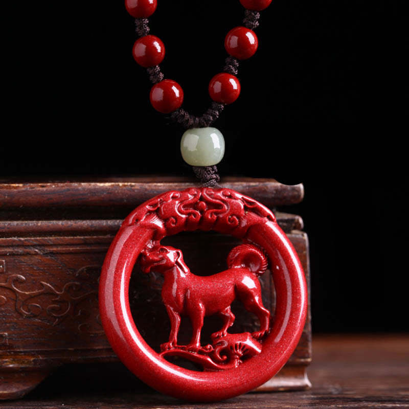 Chinese Zodiac Cinnabar Hetian Jade Peace Buckle Calm Necklace Pendant