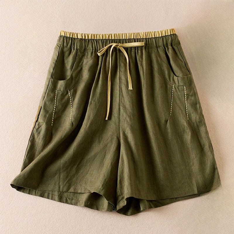 Wild Simple Design Embroidery Drawstring Cotton Linen Women's Shorts With Pockets