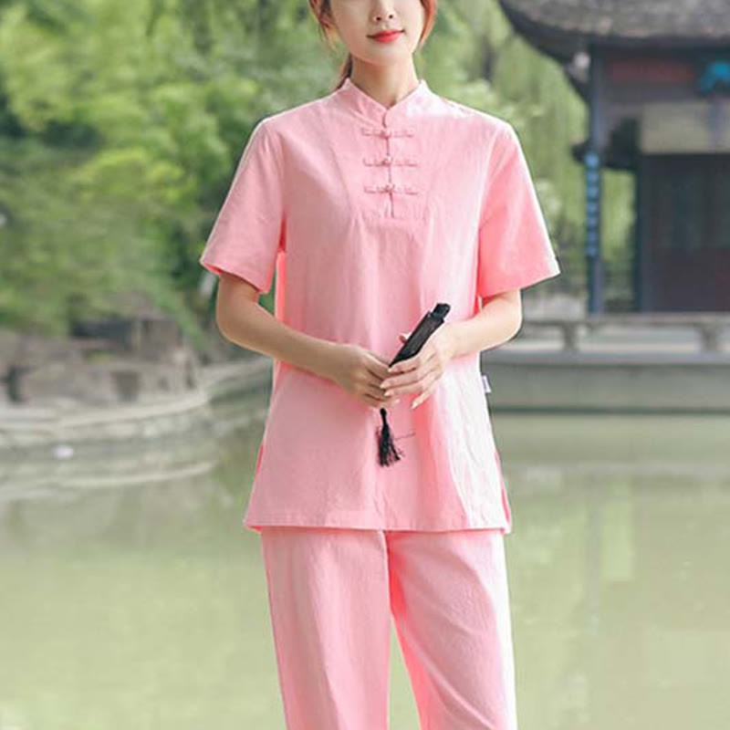 2Pcs Women's Short Sleeve Shirt Top T-Shirt Pants Meditation Zen Tai Chi Cotton Linen Clothing Set