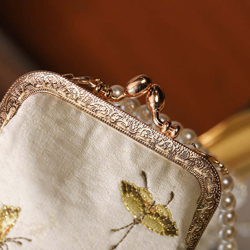 Small Flowers Butterfly Embroidered Pearl Metal Chain Shoulder Bag Crossbody Handbag Cellphone Bag