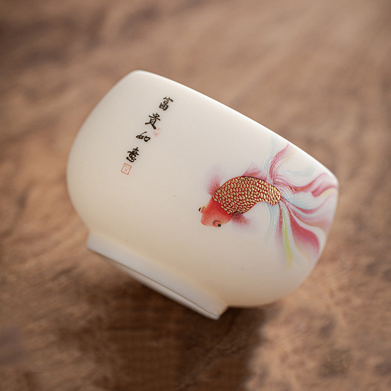 Koi Fish White Porcelain Ceramic Teacup Kung Fu Tea Cup