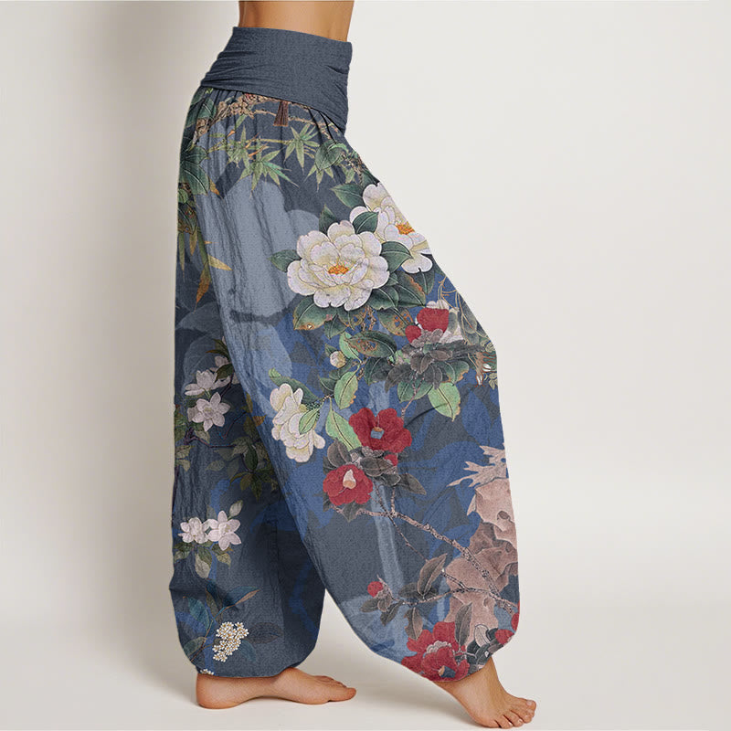 Casual Peony Flowers Leaves Magpie Women's Elastic Waist Harem Pants
