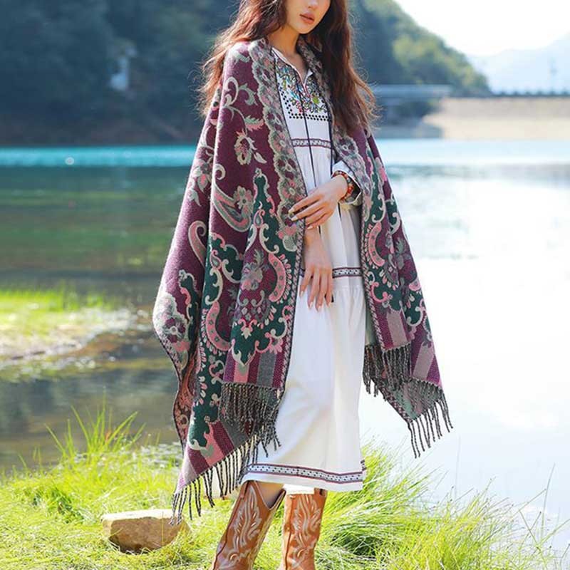 Tibetan Flowers Leaves Branch Design Tassel Shawl Cozy Travel Scarf Wrap