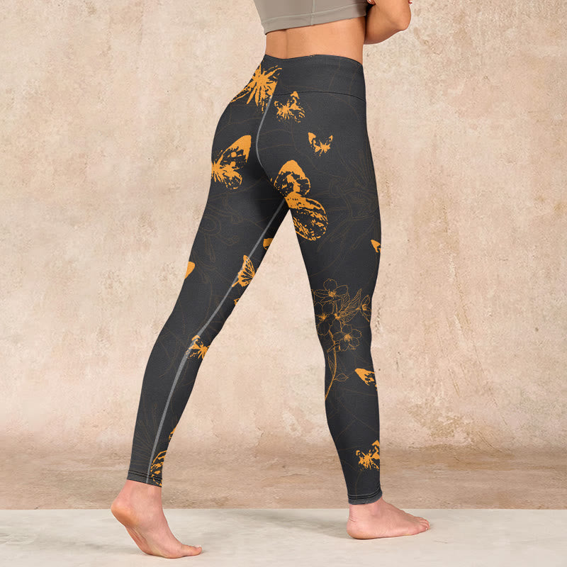 Dark Grey Butterflies Peony Flowers Print Gym Leggings Women's Yoga Pants