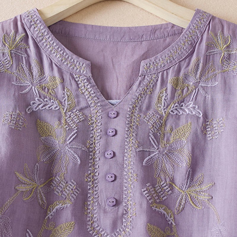 Casual Embroidery Plants Women's V-Neck Design Half Sleeve Cotton Blended Shirt