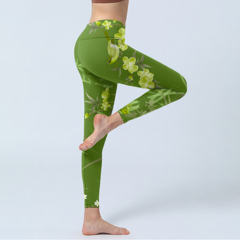 Magpie Flowers Branches Print Gym Leggings Women's Yoga Pants
