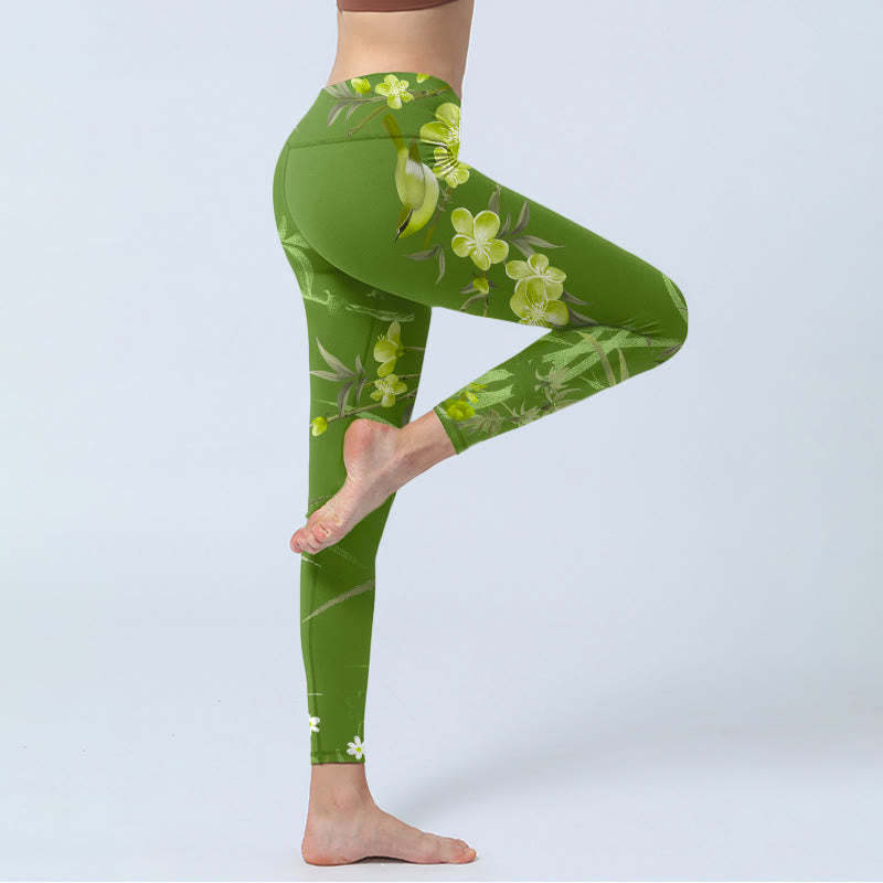 Magpie Flowers Branches Print Gym Leggings Women's Yoga Pants