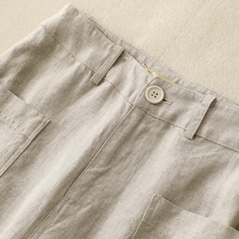 Summer Simple Design Ankle-Length Cotton Linen Women's Wide Leg Pants With Pockets Zipper