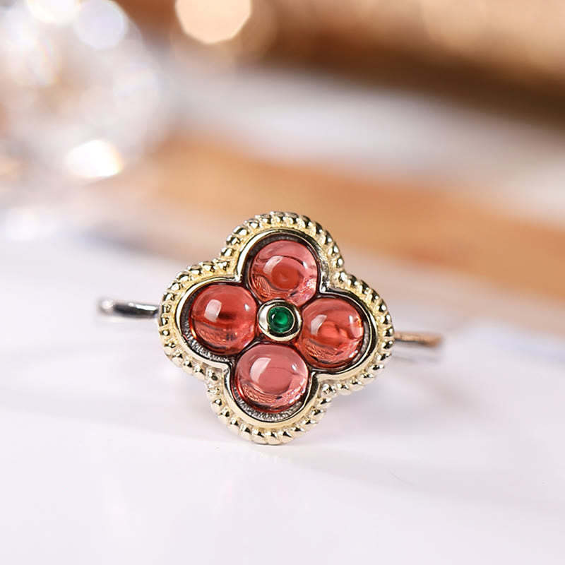 925 Sterling Silver Natural Garnet Four-leaf Clover Protection Necklace Pendant Ring