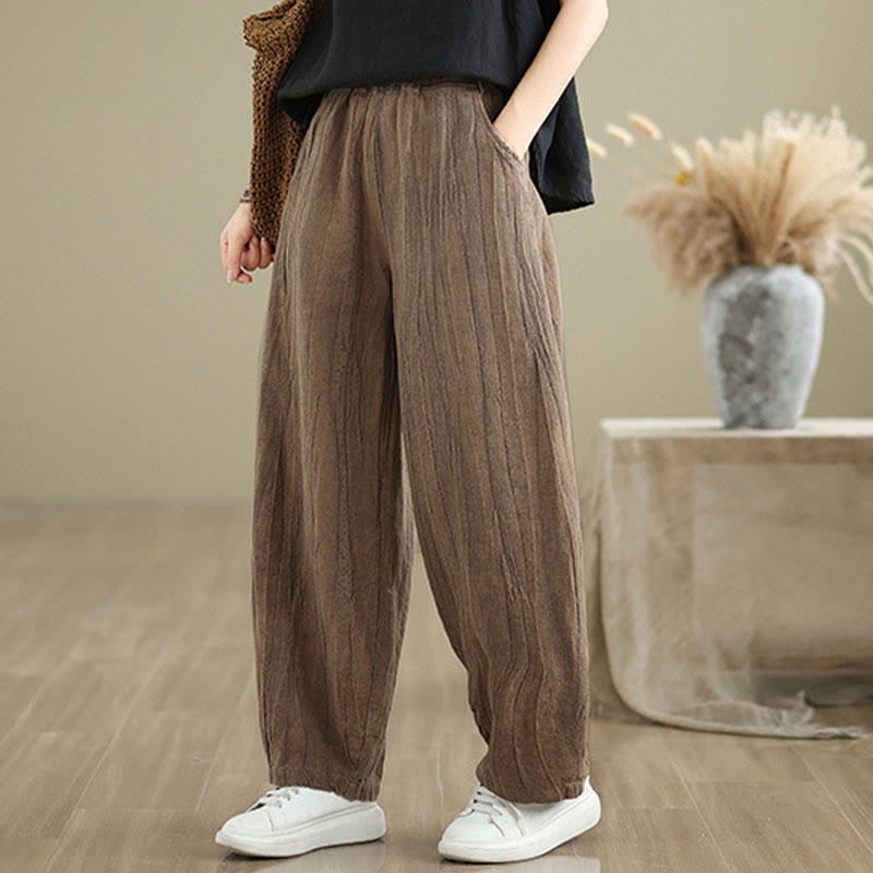 Plain Color Wrinkled Design Elastic Waistband Cotton Linen Women's Pants With Pockets