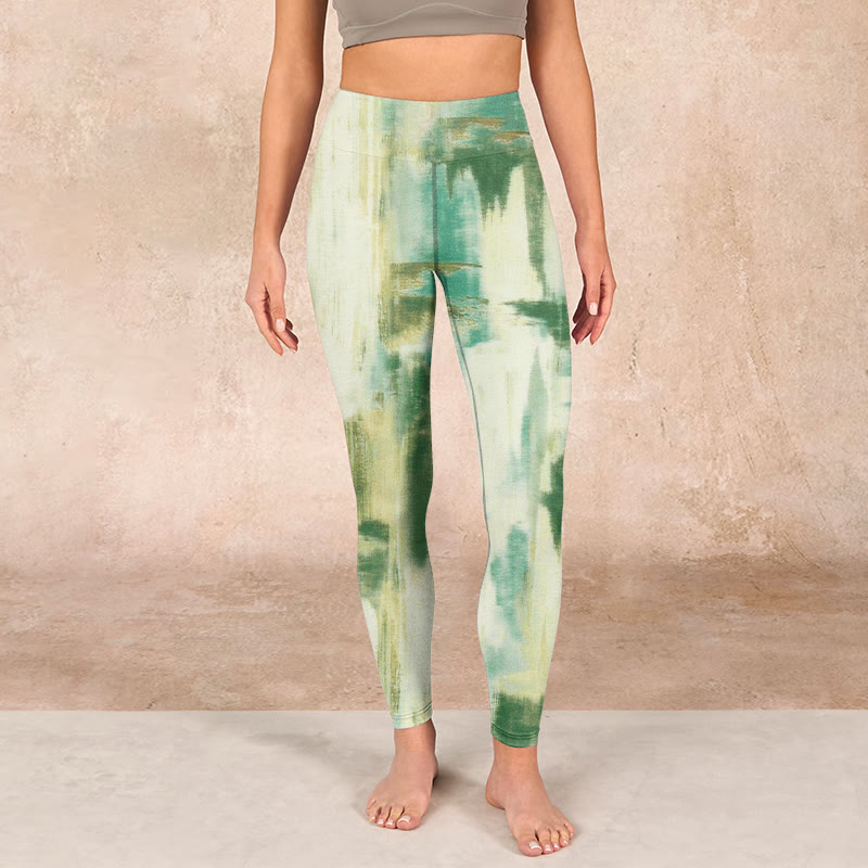 Beige Green Tie Dye Print Exercise Leggings Women's Yoga Pants