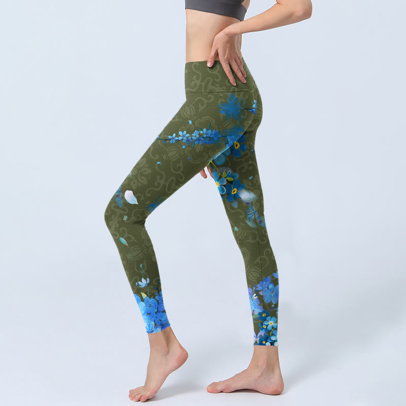 Blue Flowers Butterflies Print Gym Leggings Women's Yoga Pants