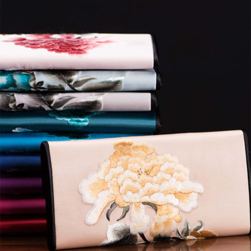Peony Flower Su Embroidery Journey Shopping Long Purse Handbag
