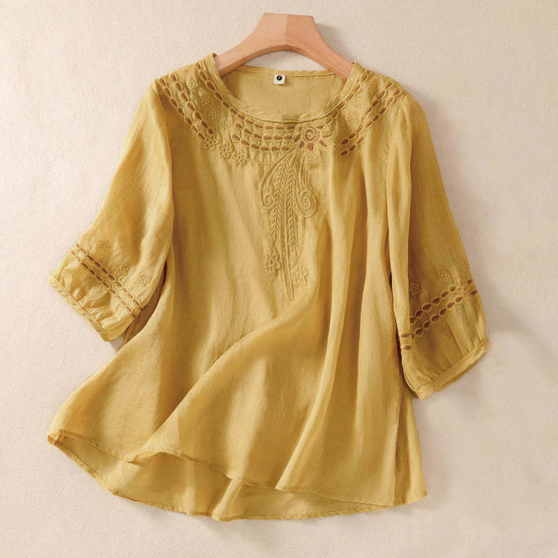 Women's Crew Neck Hollow Design Half Sleeve Cotton Linen Shirt