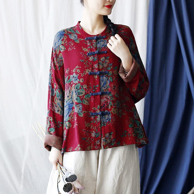 Red Flowers Green Leaves Print Frog-button Design Long Sleeve Cotton Linen Jacket Shirt