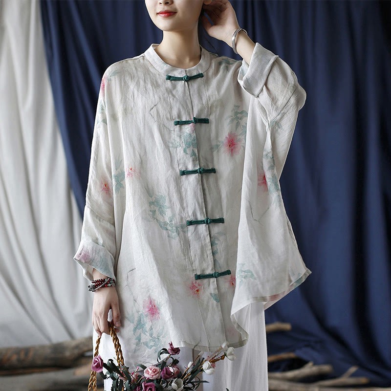 White Red Flowers Green Leaves Frog-Button Long Sleeve Ramie Linen Jacket Shirt