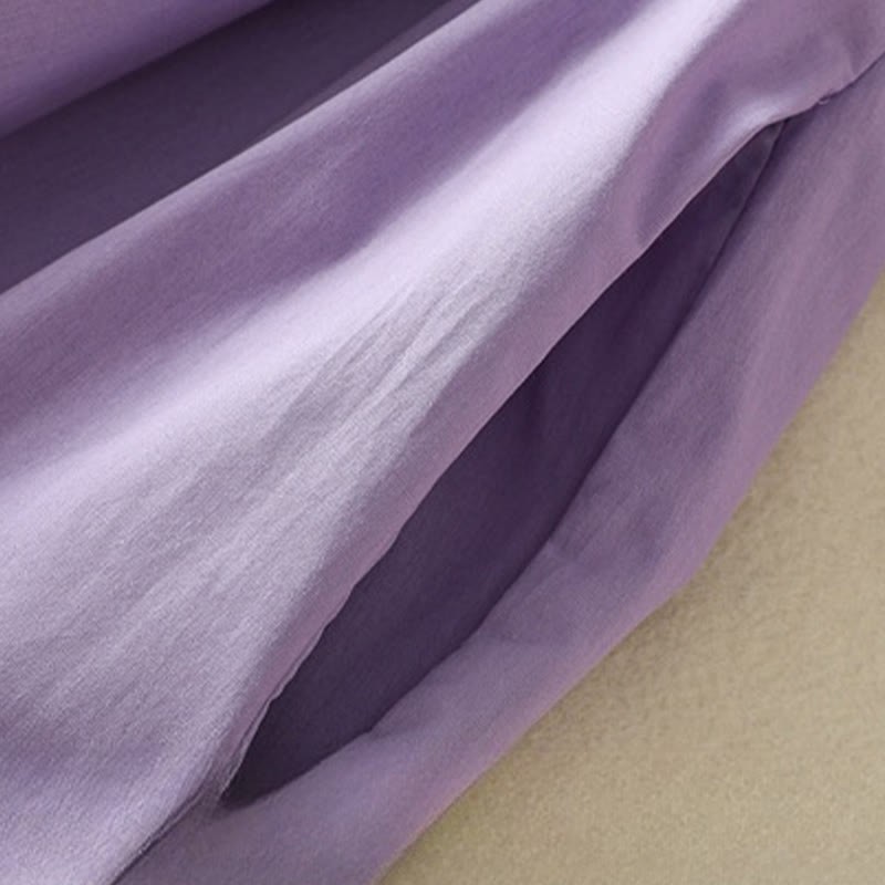 Summer Orchid Embroidery Lace-Up V-Neck Half Sleeve Cotton Linen Midi Dress With Pockets