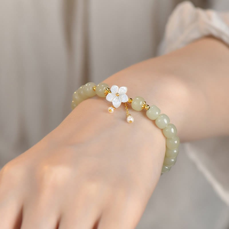 925 Sterling Silver Natural Hetian Jade Luck Flower Bracelet