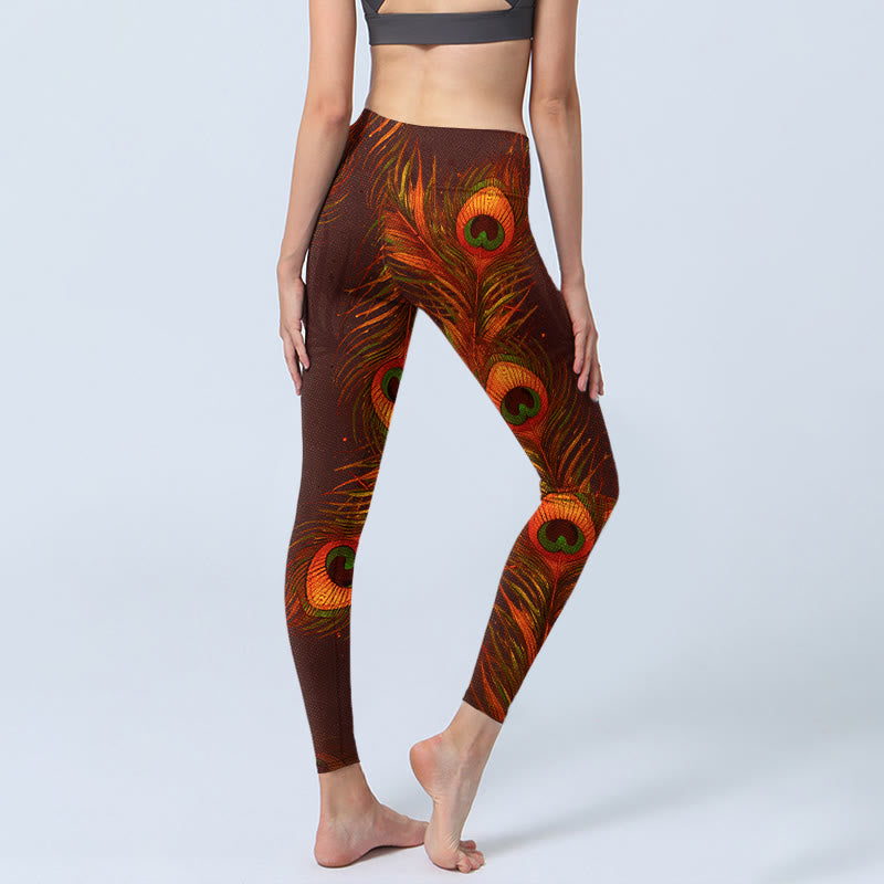 Brown Peacock Feathers Print Gym Leggings Women's Yoga Pants