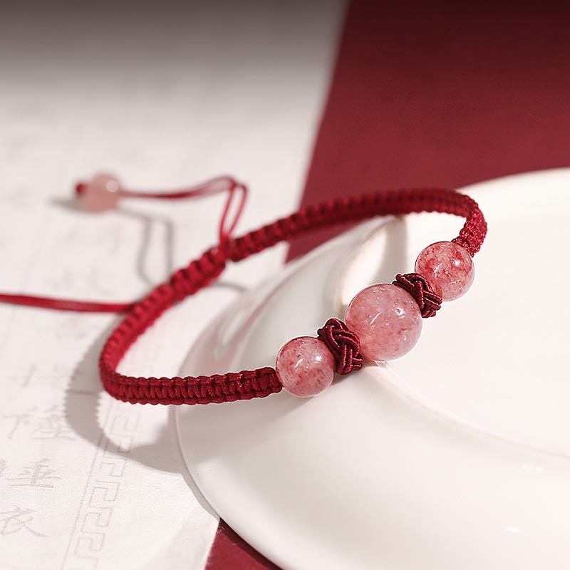 Natural Strawberry Quartz Crystal Love Red String Weave Bracelet Anklet