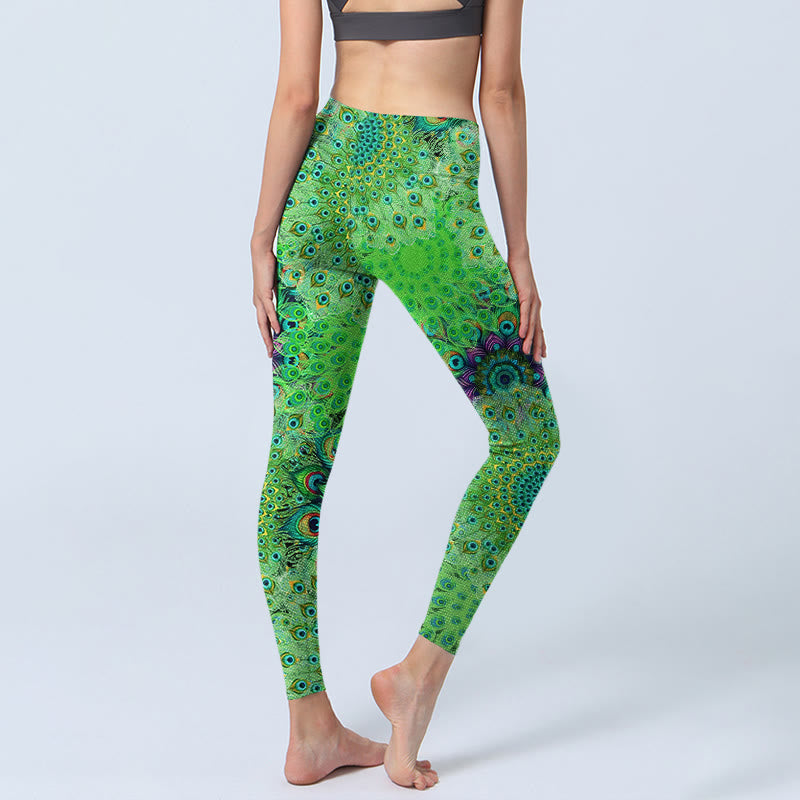 Green Peacock Tail Feathers Print Gym Leggings Women's Yoga Pants