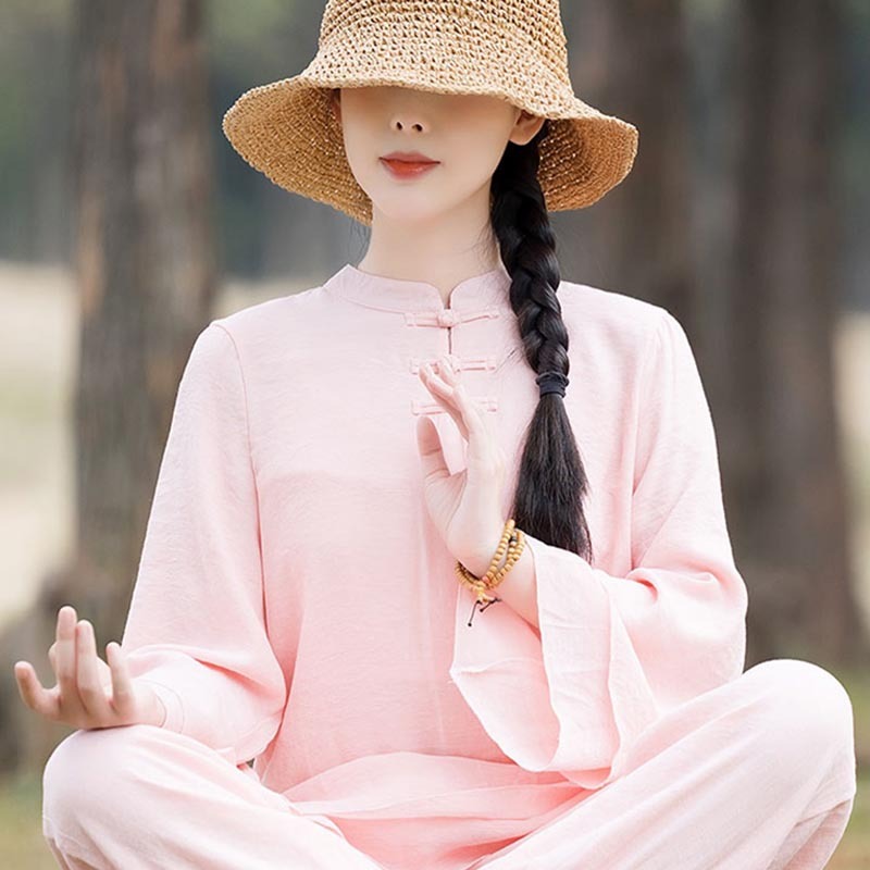 2Pcs Plain Design Top Pants Meditation Yoga Zen Tai Chi Cotton Linen Clothing Women's Set