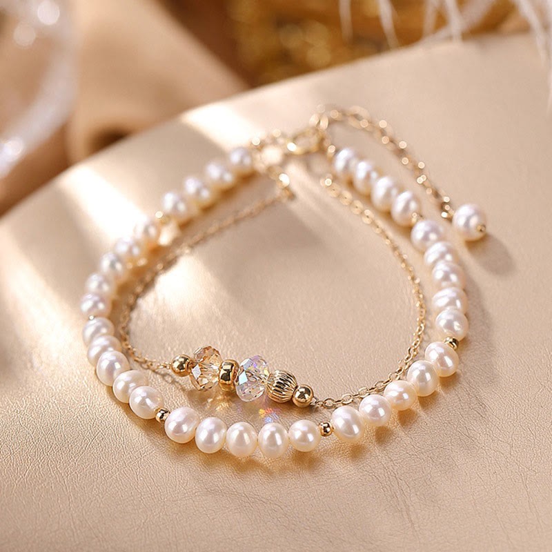 925 Sterling Silver 14K Gold Plated Natural Pearl Crystal Healing Double Layer Bracelet