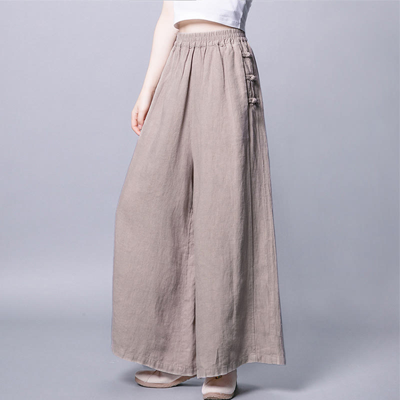 Casual Cotton Frog-Button High Waist Wide Leg Pants With Pockets