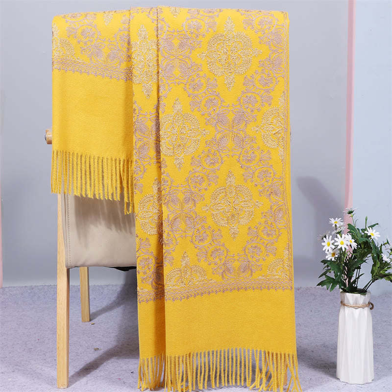 Polyester Shawl Symmetry Gold Filigree Embroidery Tassel Winter Cozy Travel Scarf Wrap