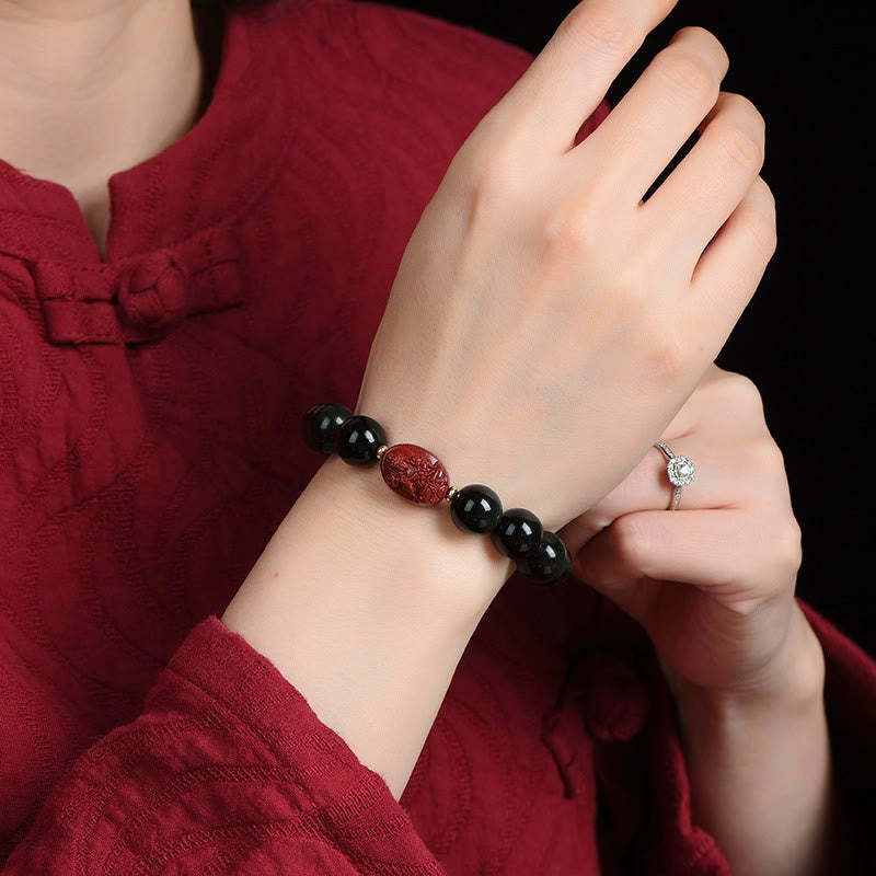 Chinese Zodiac Natal mystic zen Natural Black Obsidian Cinnabar Purification Bracelet