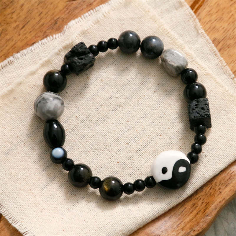 Black Onyx Picasso Jasper Bead Yin Yang Fortune Protection Bracelet