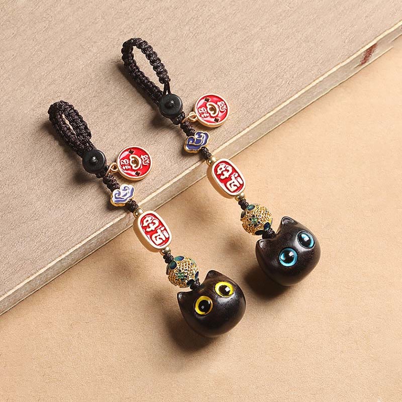 Ebony Wood Lucky Cat Auspicious Cloud Peace Key Chain Phone Hanging Decoration